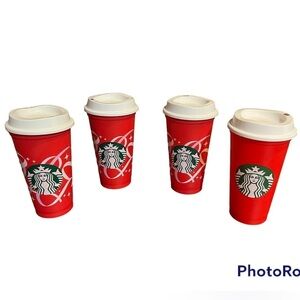 STARBUCKS 4 Holiday Red Cup Travel plastic hot/cold Coffee cups with white lids